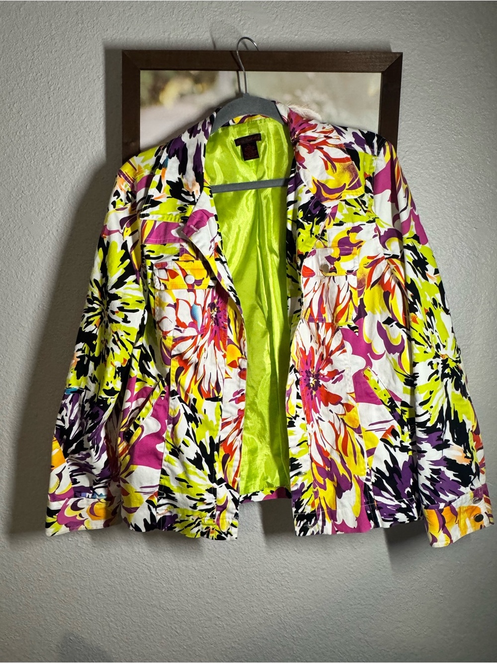 Floral Print Women's Blazer button up jacket with Lime Lining LG